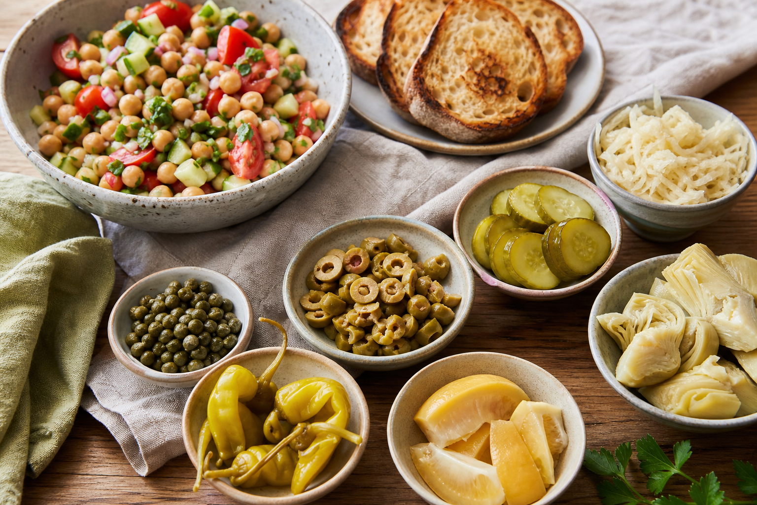 Bowls of capers, olives, pickles, pepperoncini, artichokes, preserved lemon, and chickpea salad.