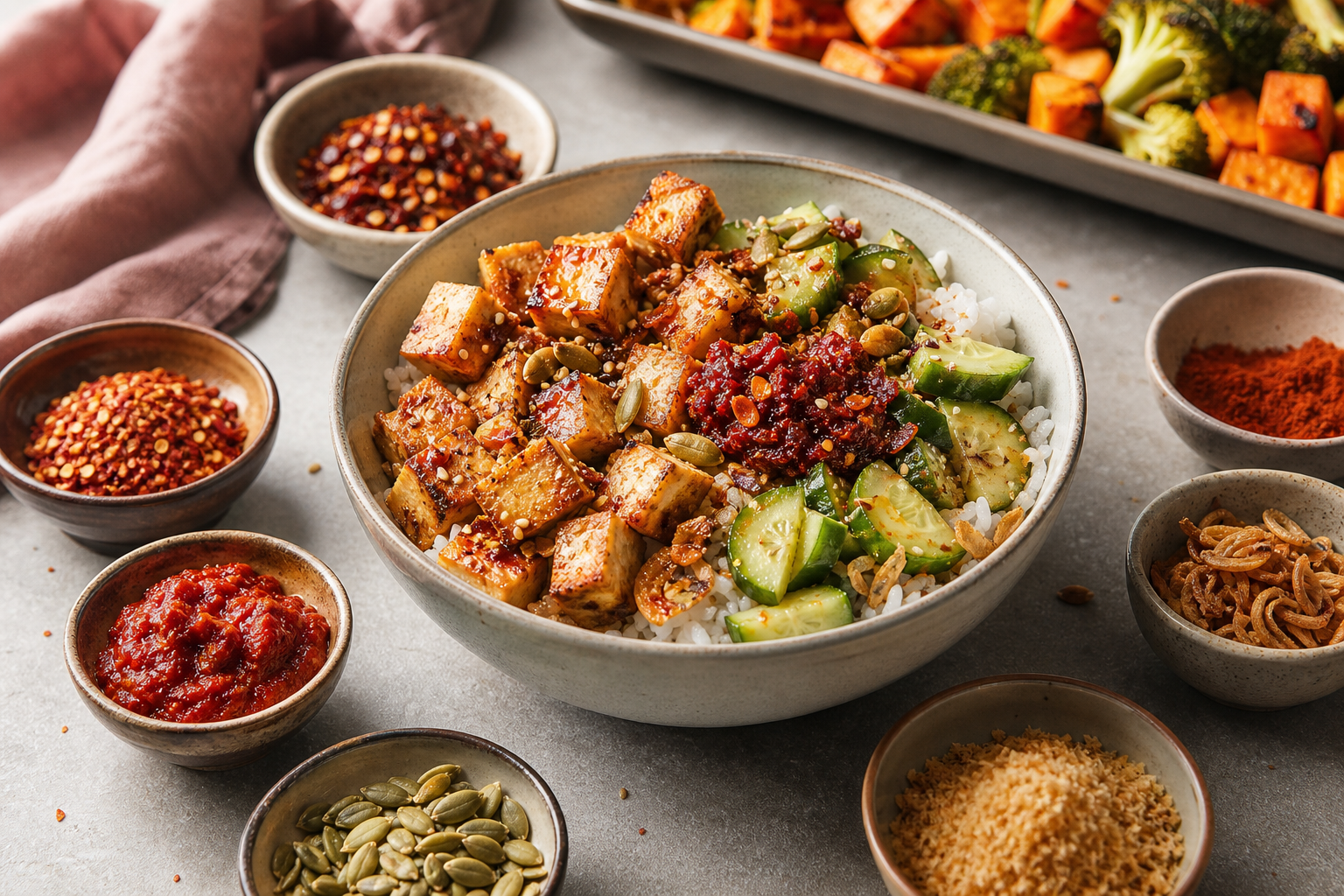 A rice bowl with tofu, cucumber, sesame seeds, chili crisp, and bowls of smoky pantry toppings.