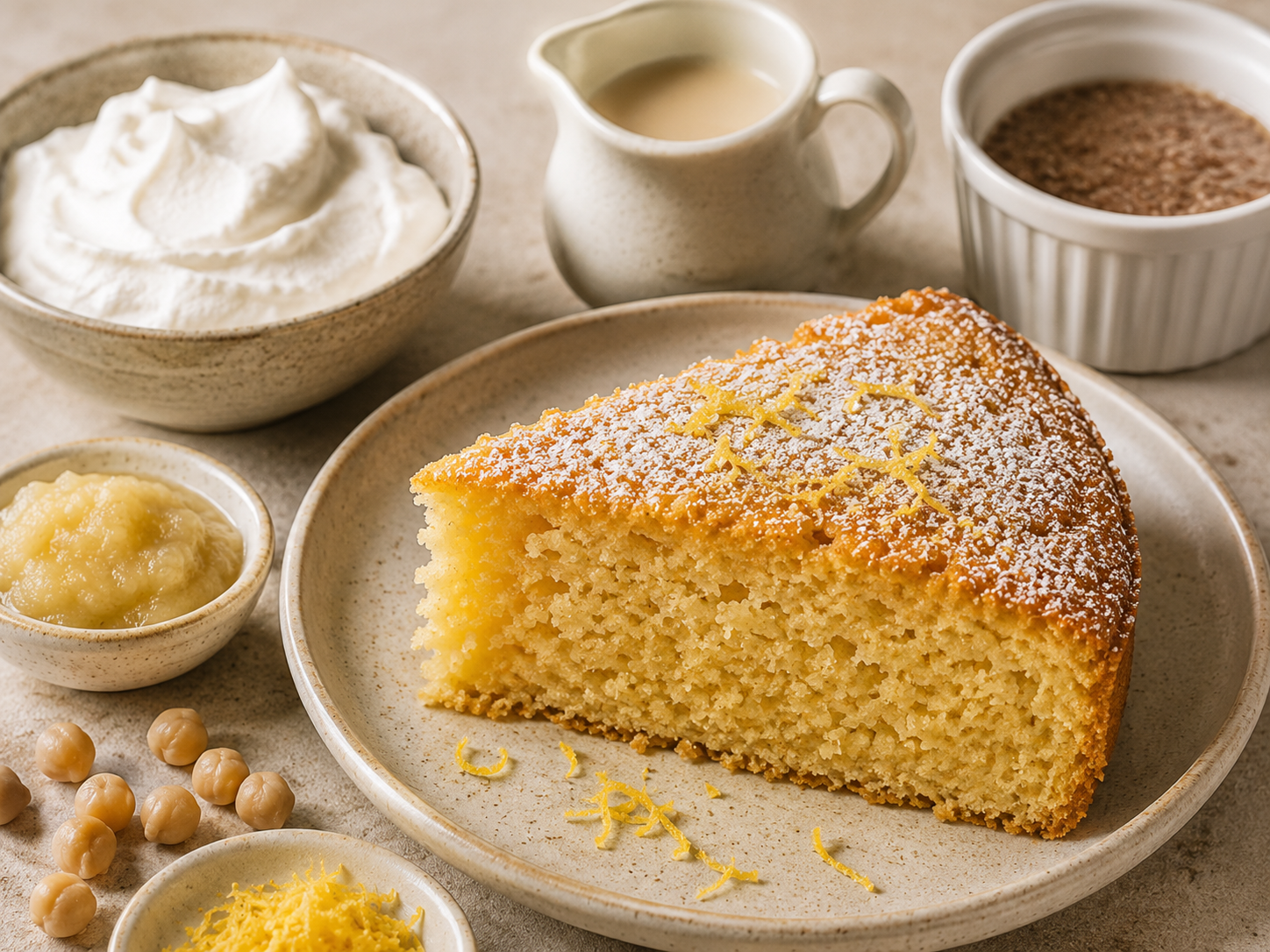 A bright vegan baking work surface with measuring tools, citrus, flour, plant milk, and warm kitchen color.