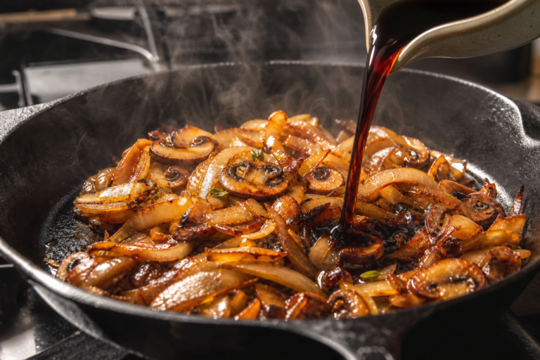 Caramelized onions and mushrooms sizzling in a cast-iron pan as soy sauce pours from a ceramic spout in warm golden light.