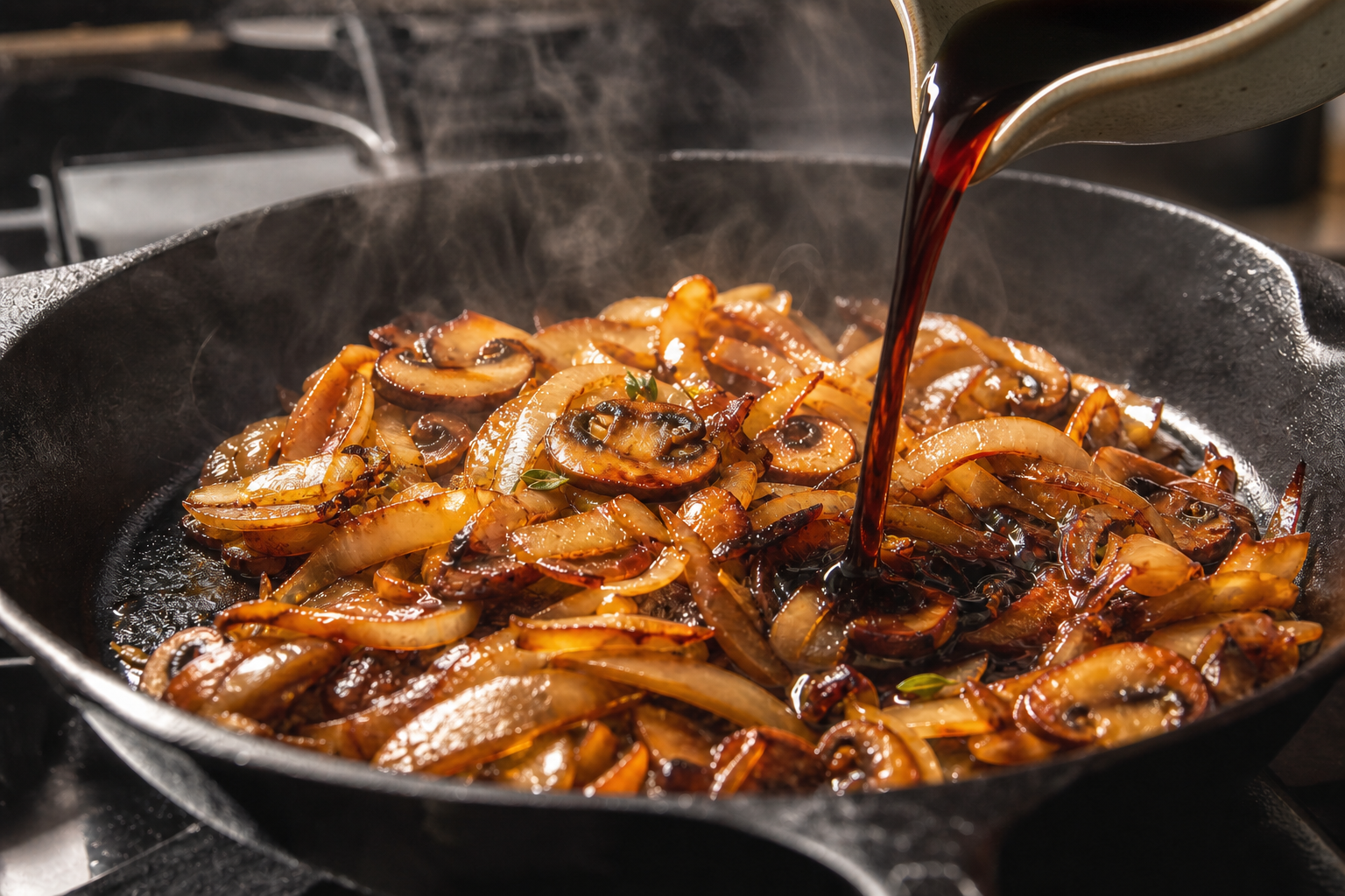 Caramelized onions and mushrooms sizzling in a cast-iron pan as soy sauce pours from a ceramic spout in warm golden light.