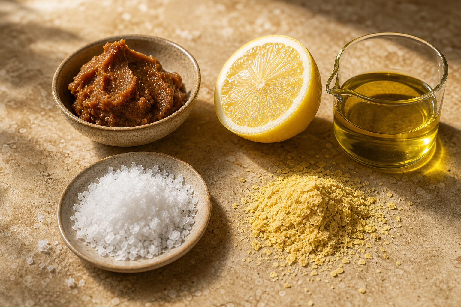 Miso, lemon, flaky salt, olive oil, and nutritional yeast arranged on warm stone as five vegan flavor elements.
