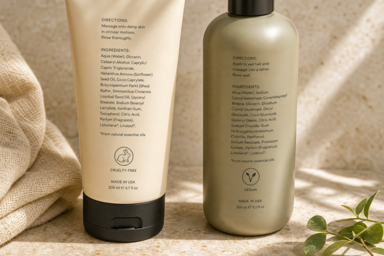 Personal-care bottles showing separate cruelty-free and vegan markers on a bright counter