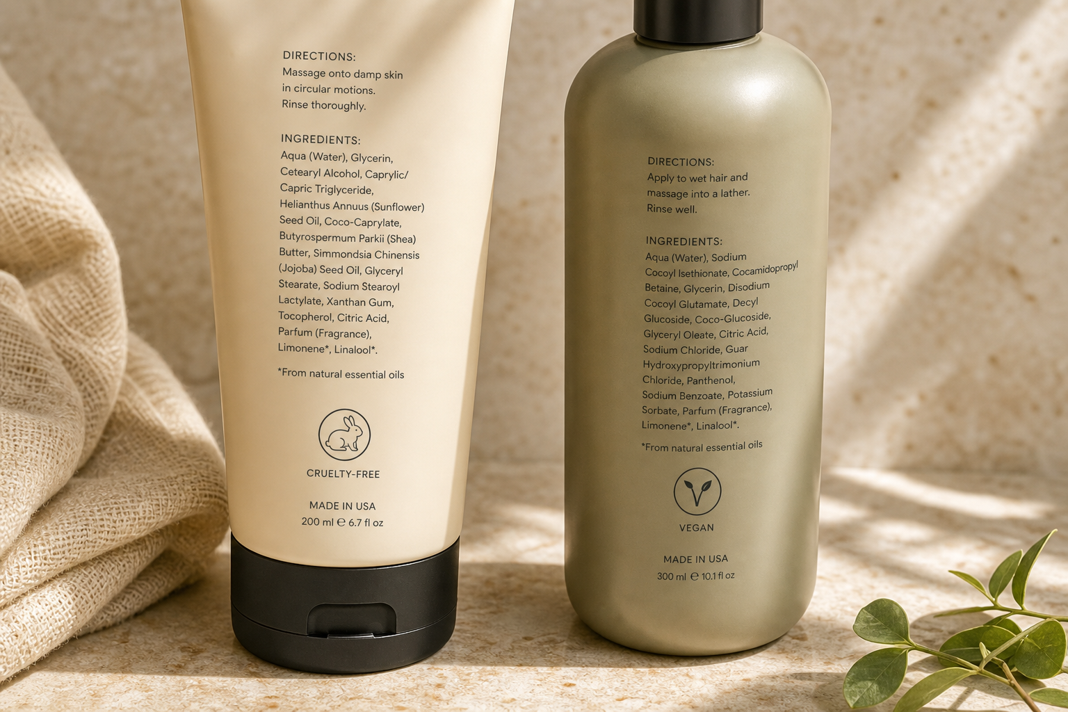 Personal-care bottles showing separate cruelty-free and vegan markers on a bright counter