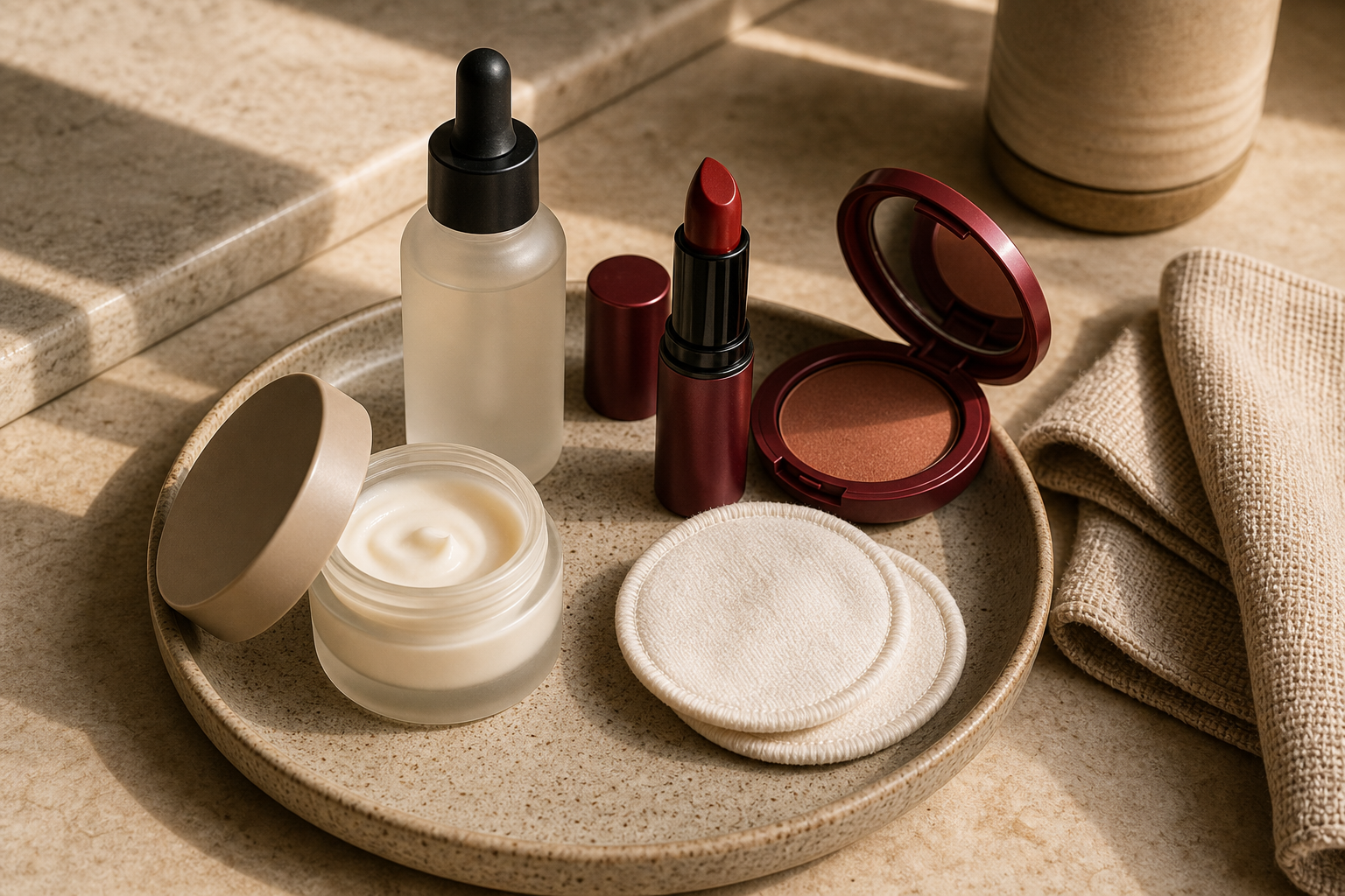 Personal-care edit scene with selected products and useful bathroom shelf items