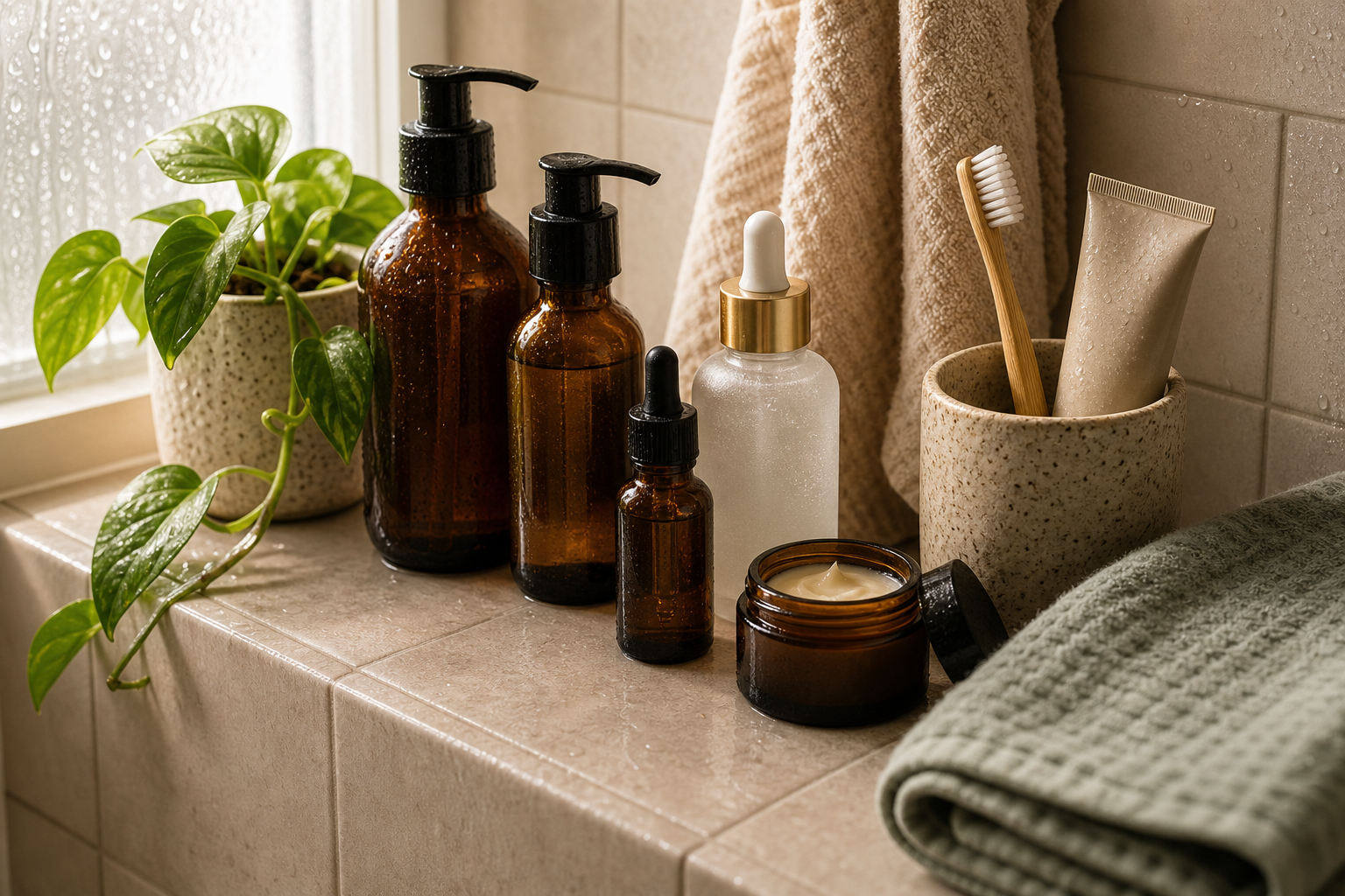 A lived-in bathroom ledge with amber bottles, a cream jar, toothbrushes, folded towel, and a small plant in warm steam-soft light.