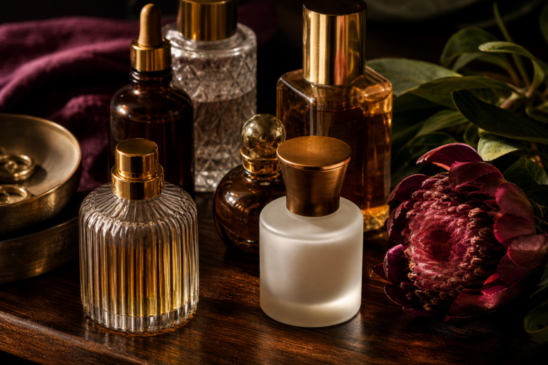 Frosted and amber fragrance bottles with a single bloom on dark wood in warm directional light.
