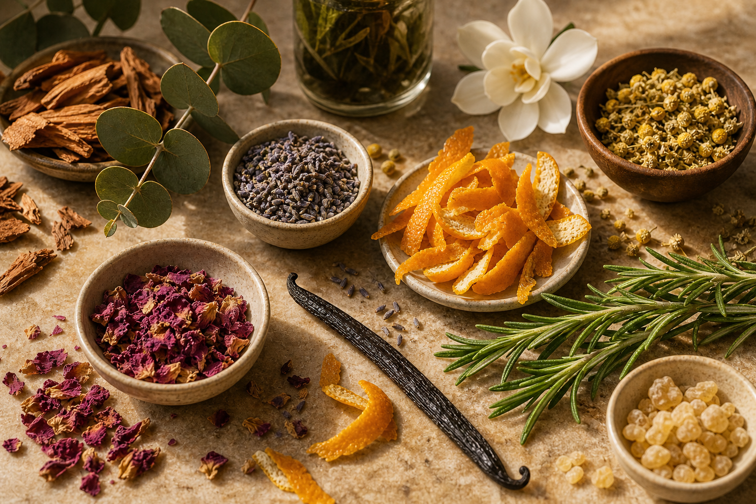Dried botanicals, citrus peel, a vanilla pod, rosemary, lavender, and eucalyptus arranged on warm stone.