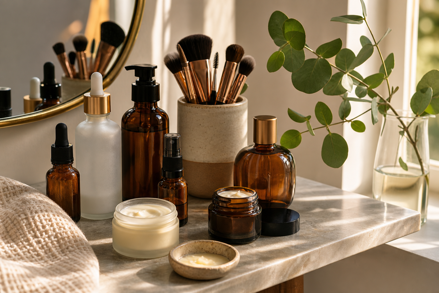 A softly lit vanity shelf with amber and frosted-glass bottles, open cream jars, synthetic brushes, and eucalyptus in morning window light.