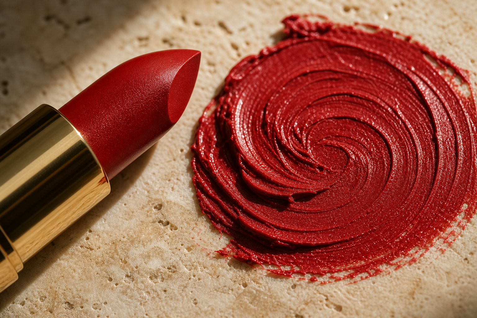 A macro of a deep red lipstick bullet beside a swirl of red pigment on warm stone.