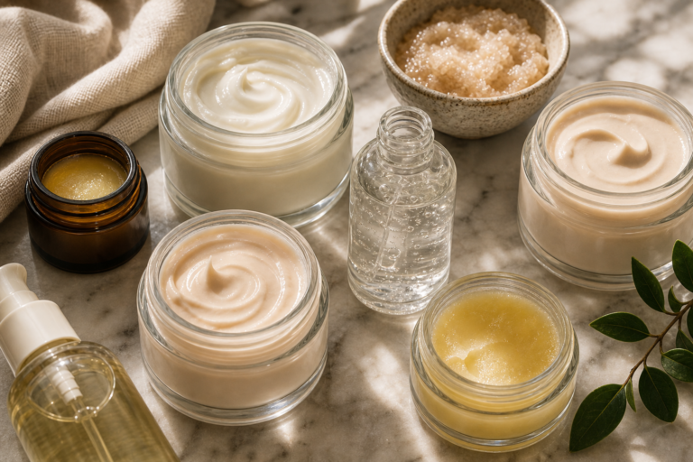 Open cosmetics containers showing creams, a clear serum bottle, balm, and tactile textures on marble in soft light.