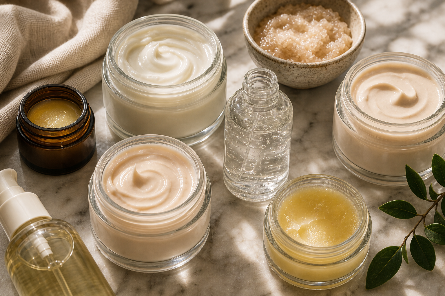 Open cosmetics containers showing creams, a clear serum bottle, balm, and tactile textures on marble in soft light.