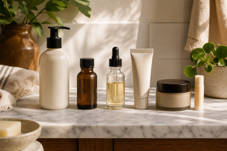 Skincare products lined up in use order on a marble counter in morning light.