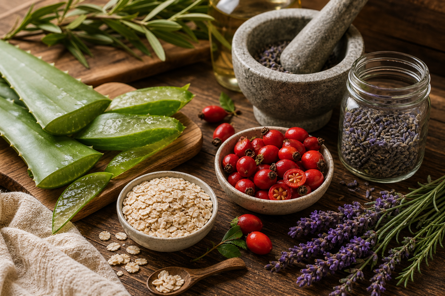 Fresh aloe, oats, rosehips, lavender, rosemary, a stone mortar, and a glass jar arranged on warm wood.