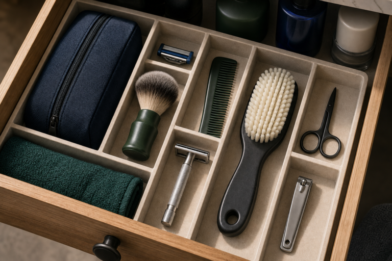Open bathroom drawer with grooming tools, razor, comb, brush, toiletry case, and folded towel