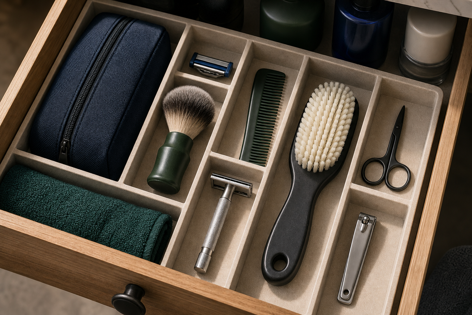 Open bathroom drawer with grooming tools, razor, comb, brush, toiletry case, and folded towel