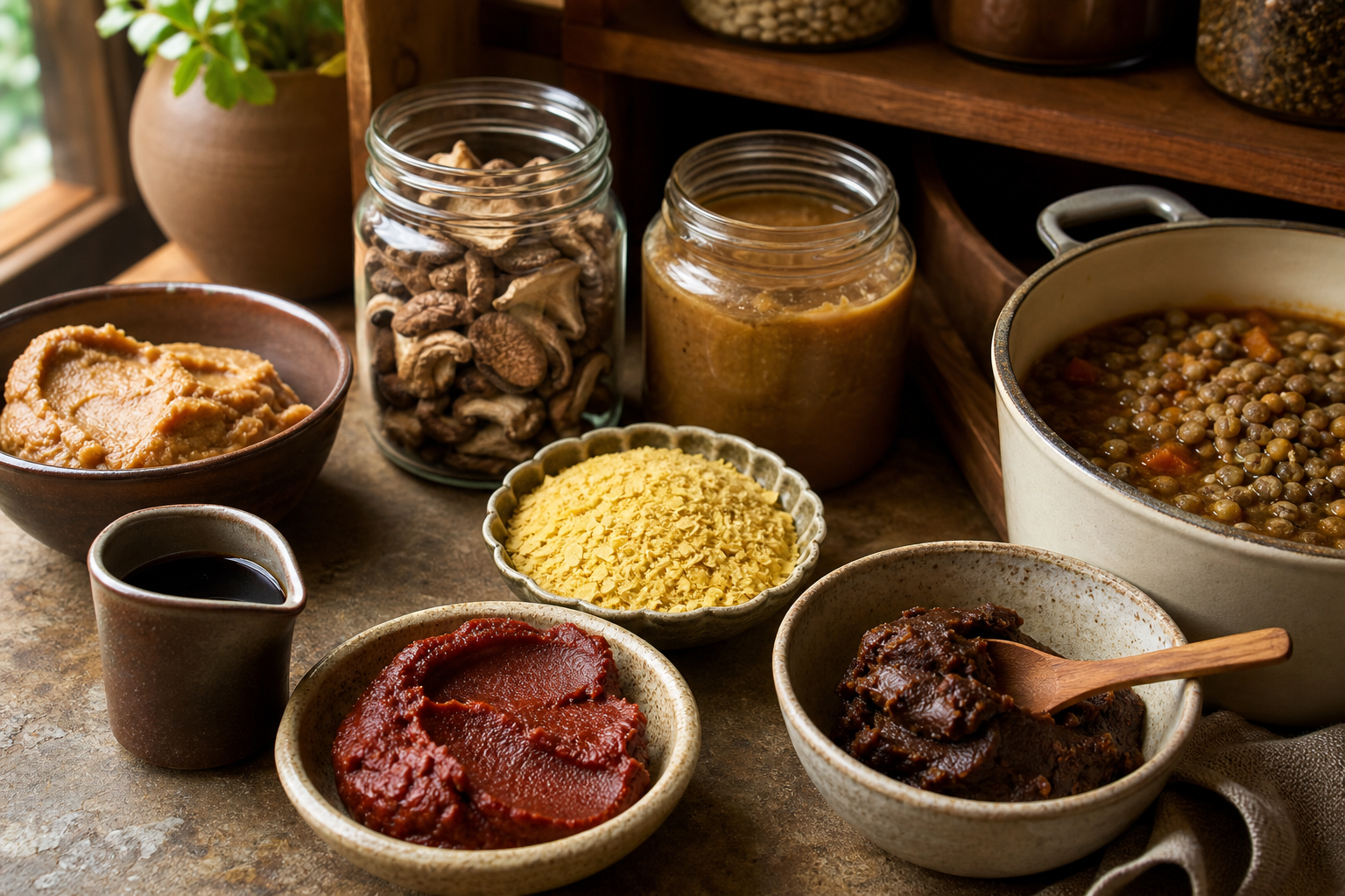 Miso, dried mushrooms, tomato paste, nutritional yeast, and tamari styled on a warm pantry shelf.