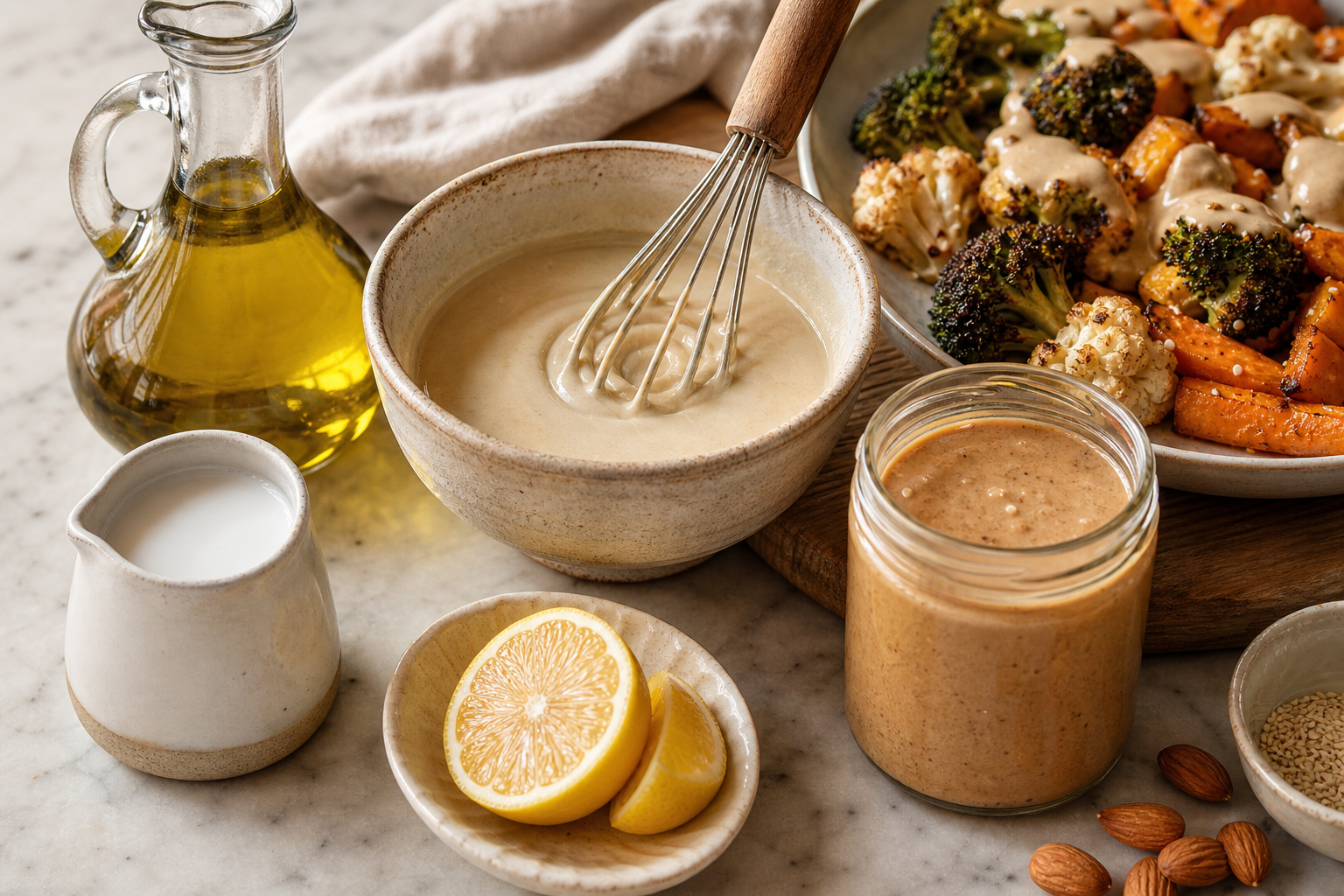 Olive oil, tahini sauce, coconut milk, and roasted vegetables on a bright kitchen counter.