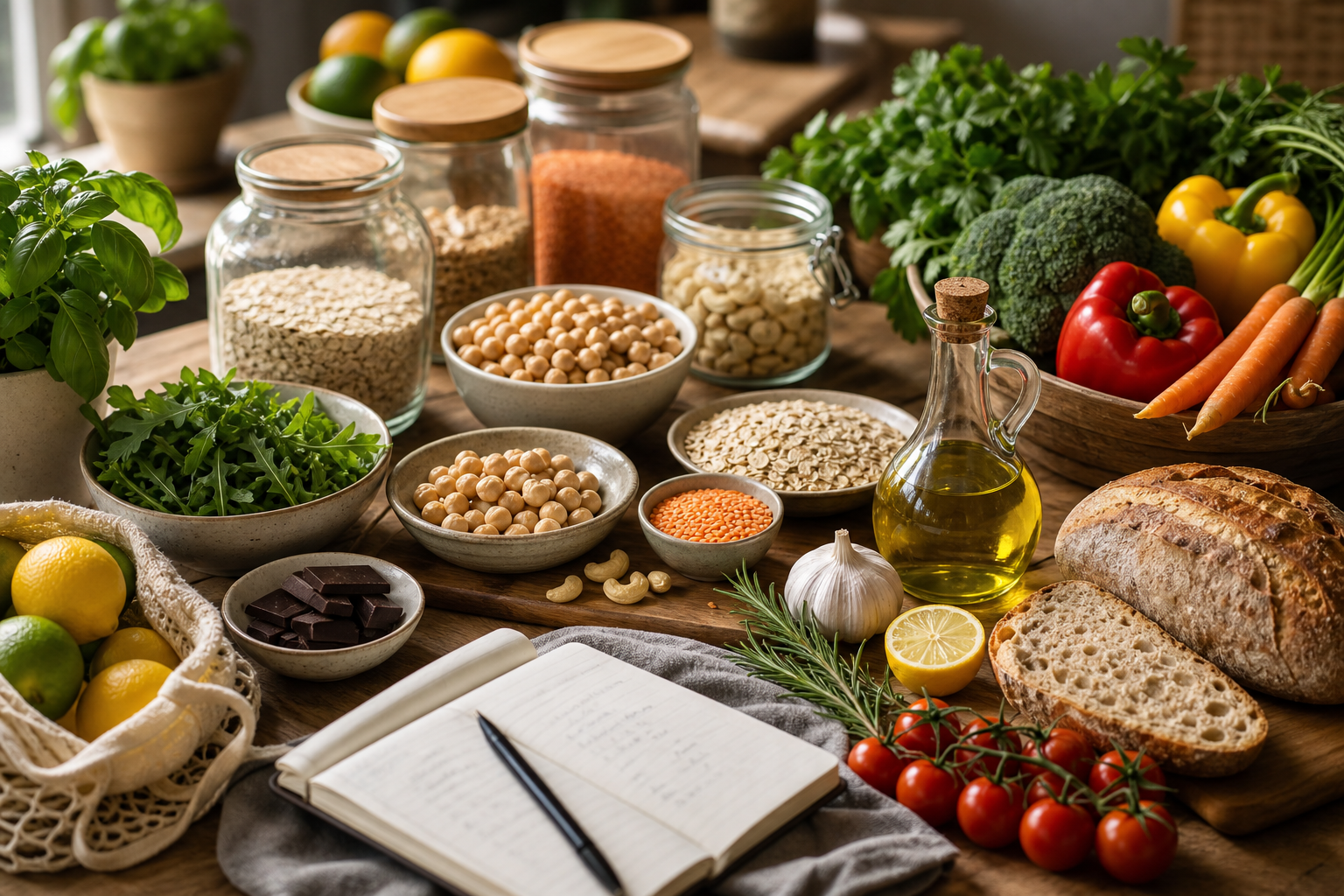 A vegan pantry and produce planning table with colorful vegetables, herbs, citrus, bread, oats, lentils, chickpeas, cashews, dark chocolate, olive oil, and a notebook.