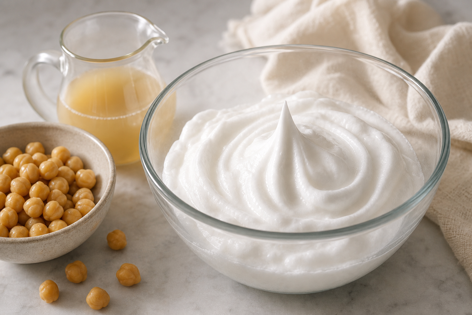 Glossy whipped aquafaba beside chickpeas and chickpea brine to show the plant-based source.
