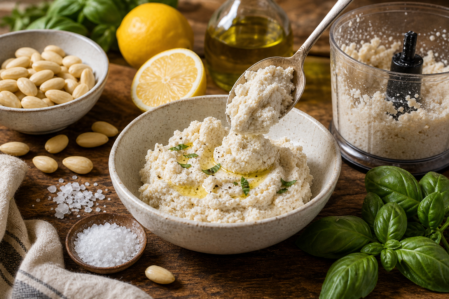 Homemade almond ricotta in a ceramic bowl with blanched almonds, lemon, olive oil, basil, flaky salt, and a food processor nearby.
