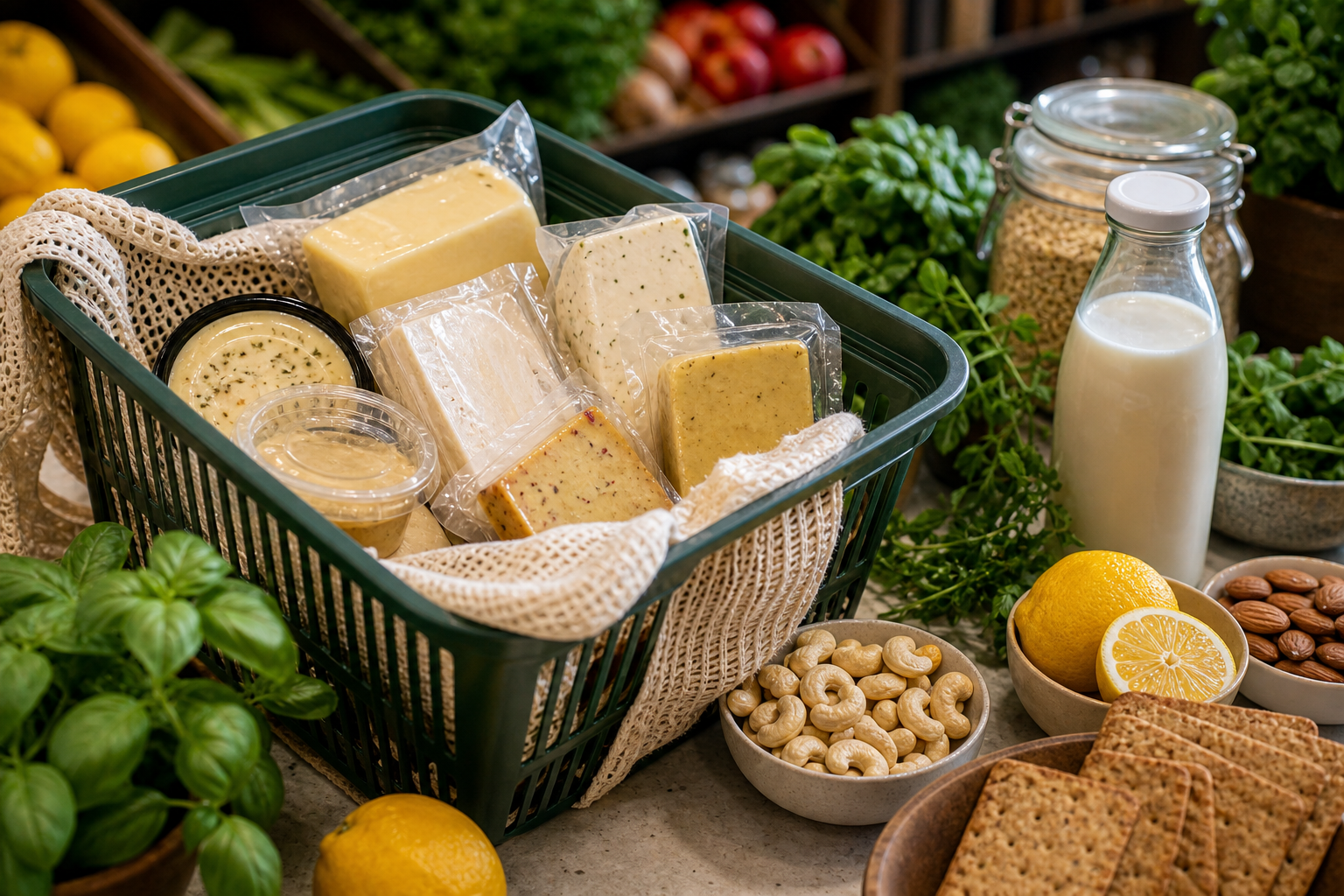 A reusable shopping basket with chilled vegan cheese products turned away from the camera, surrounded by cashews, almonds, herbs, lemons, oat milk, and crackers.