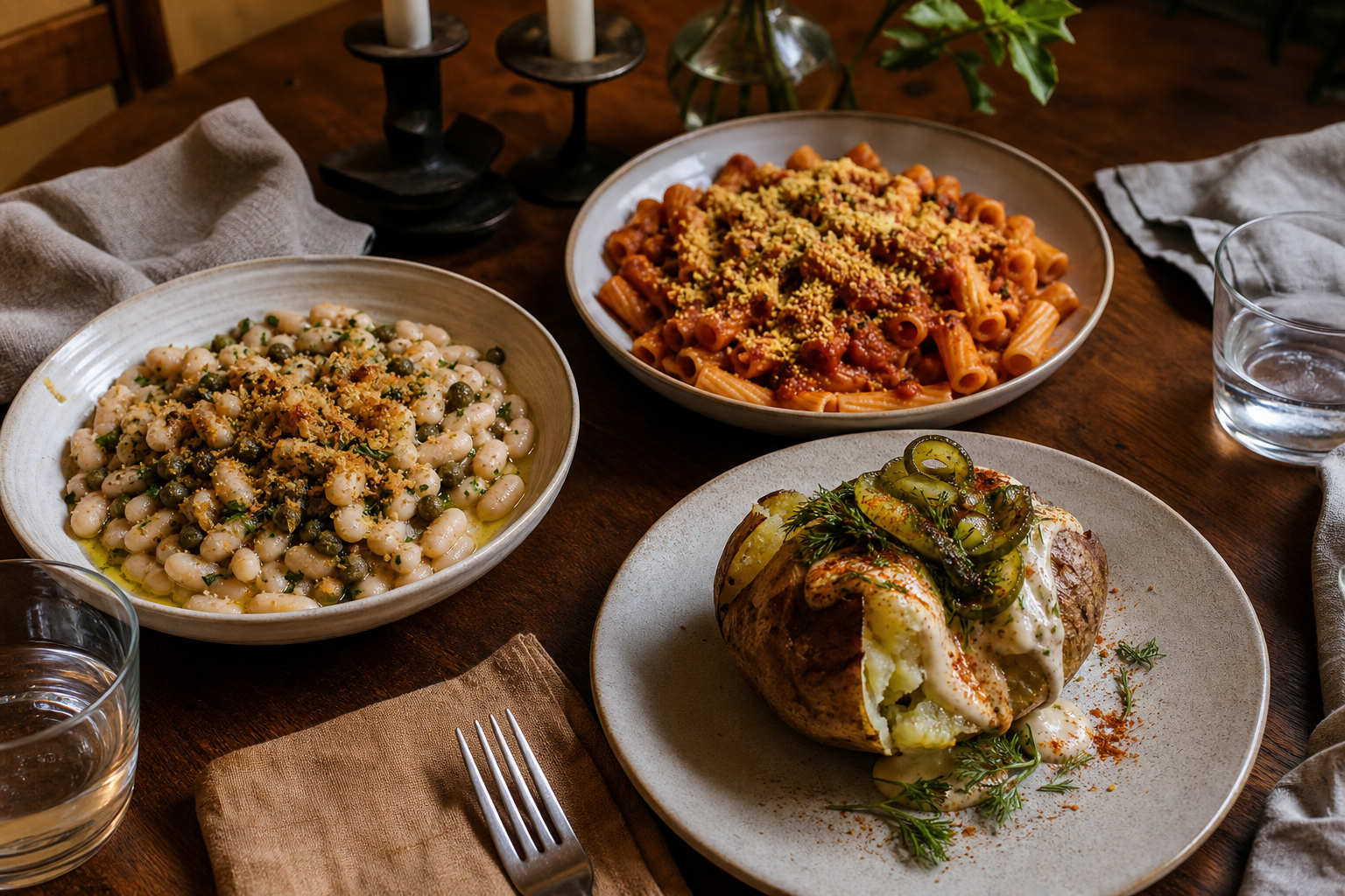 Three vegan pantry dinners with white beans, tomato pasta, and potatoes with tahini sauce.