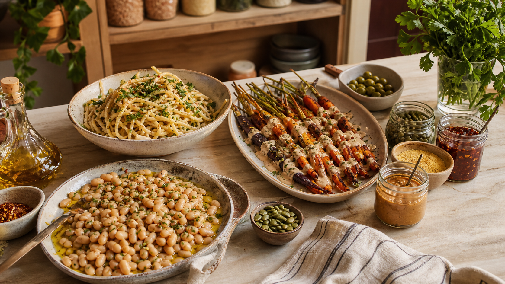 A warm kitchen counter with vegan pantry jars, white beans, roasted carrots, pasta, olive oil, and tahini.