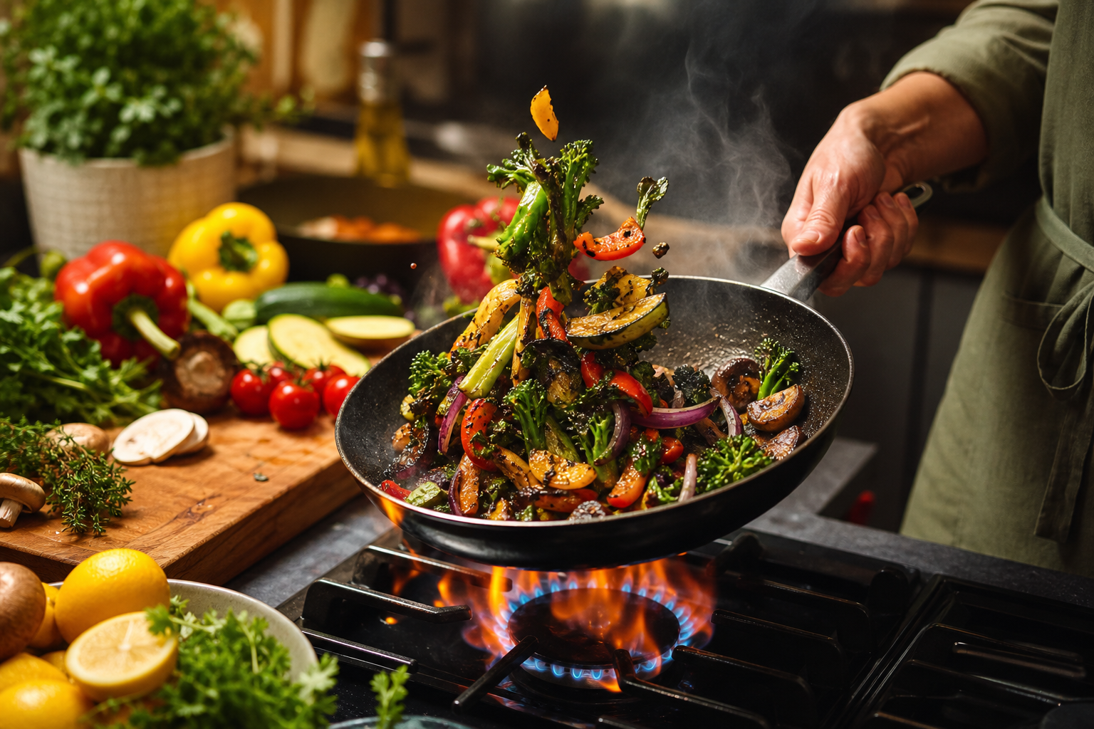 Hands tossing charred vegetables in a pan over flame in a warm home kitchen with bright produce and herbs nearby.