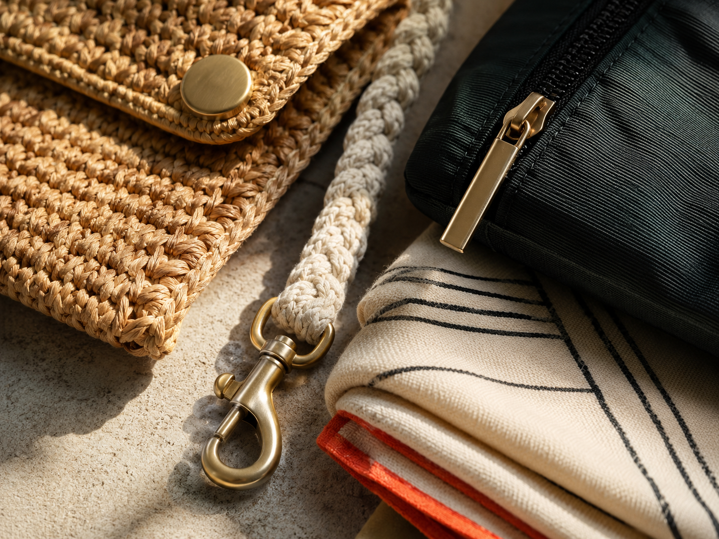Close detail of animal-free accessories including a belt, cork panel, wallet, and hardware in warm natural light.