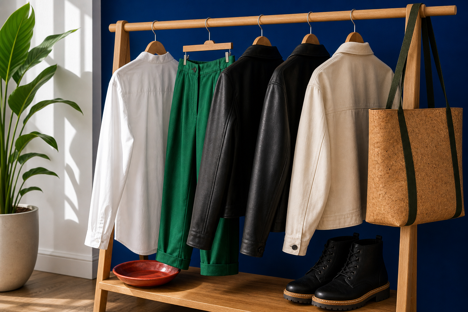 A bright clothing rail against a cobalt wall with a white cotton shirt, emerald green trousers, black plant-based jacket, cream canvas jacket, cork tote, and black vegan boots.