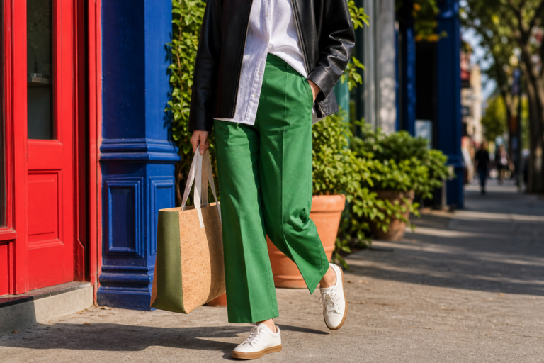 A face-free street-style crop with a black vegan leather-look jacket, bright green trousers, a white shirt, and a cork tote beside vivid storefront color.