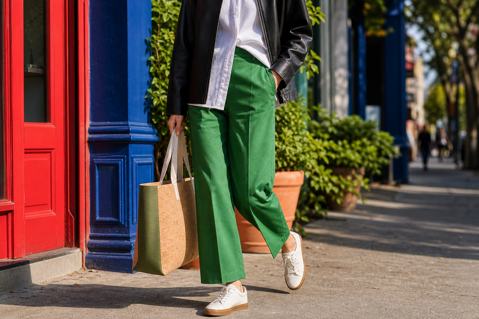 A face-free street-style crop with a black vegan leather-look jacket, bright green trousers, a white shirt, and a cork tote beside vivid storefront color.