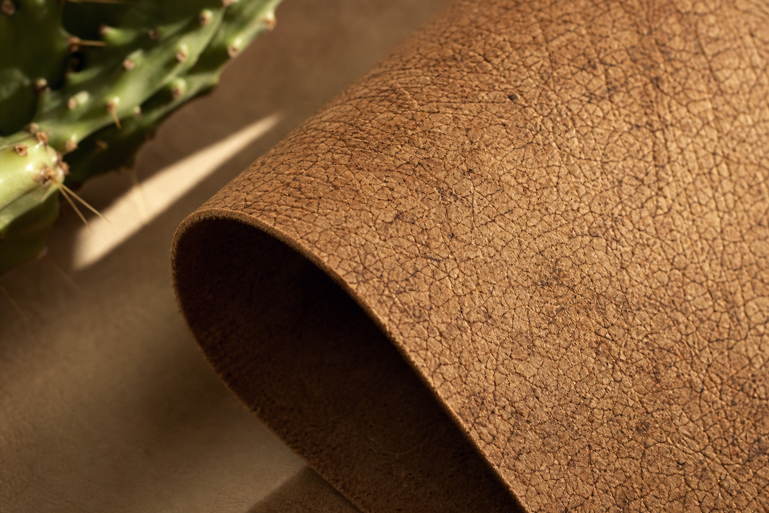 A macro close-up of cork or cactus-leather-style material texture with plant material context in warm side light.