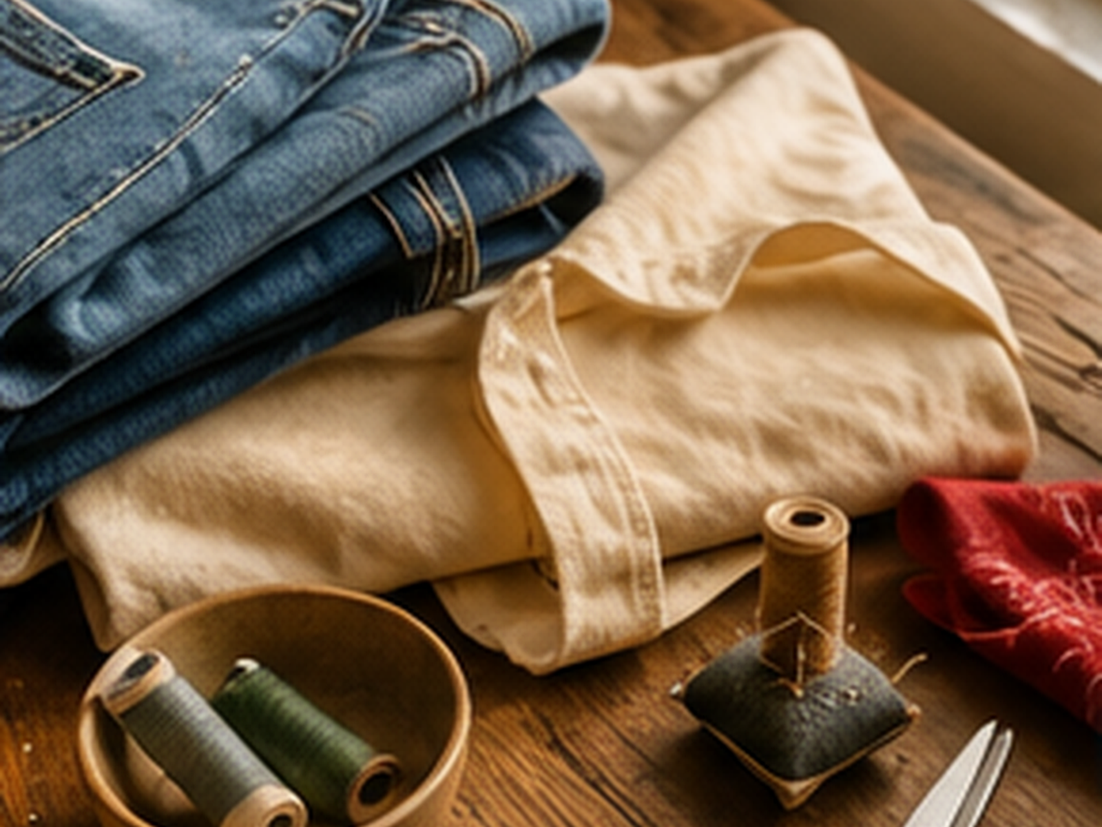 A mending table with folded denim, a cream shirt, thread, buttons, scissors, and warm light.