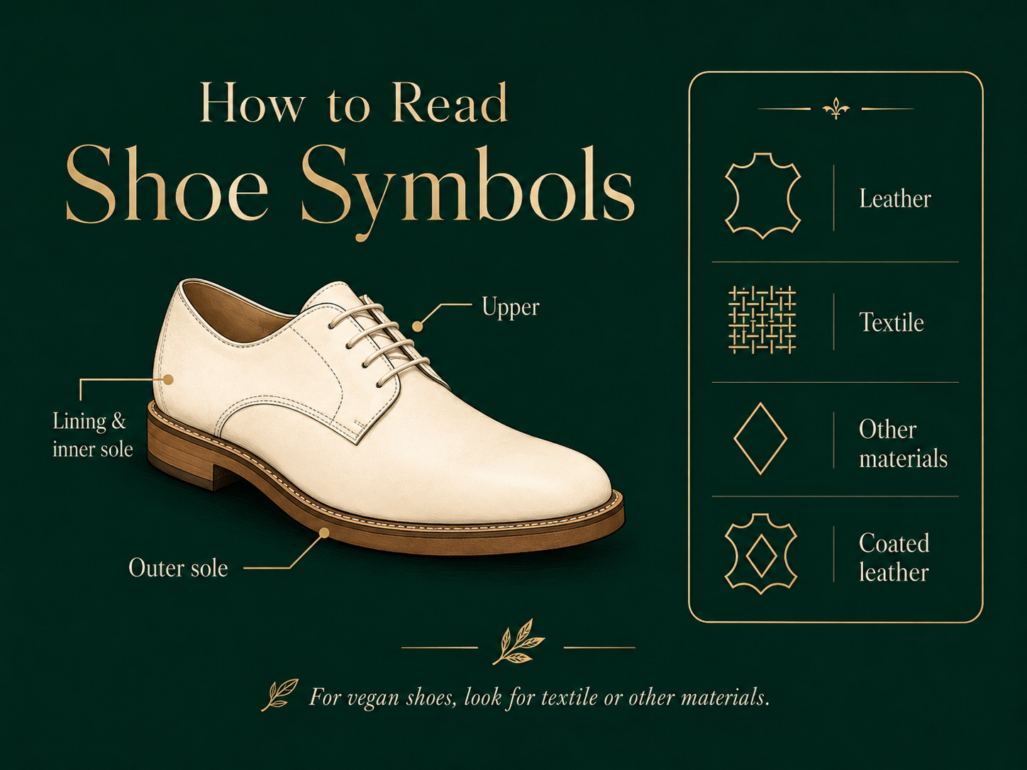 A green editorial guide explaining how to read shoe material symbols, with labeled shoe parts and a material symbols panel for leather, textile, other materials, and coated leather.