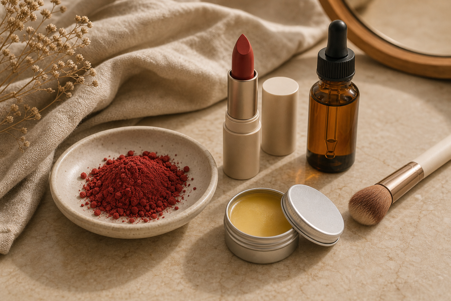 Red cosmetic pigment with unbranded lip color, balm tin, dropper bottle, and brush on a warm vanity.