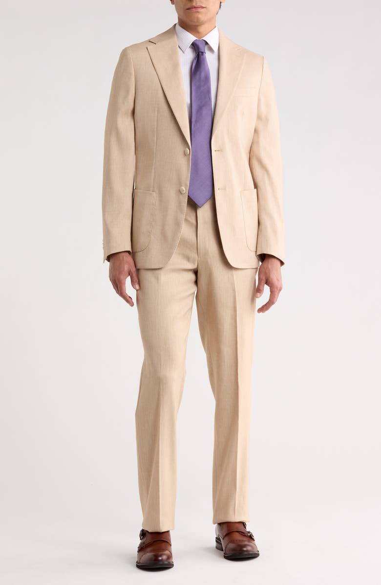 Michael Kors tan linen blend suit shown on a model.