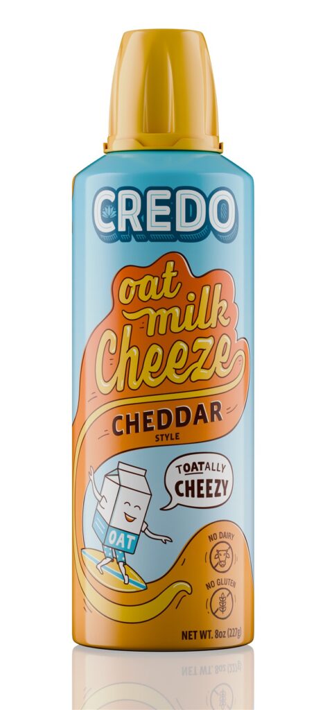 Can of Credo oat milk cheddar-style spray cheeze.