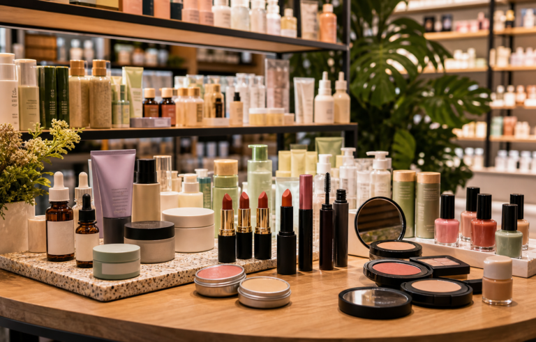 A beauty store counter with skincare, makeup, lip products, nail polish, and bottles arranged for comparison. Cruelty-free vs. Vegan.