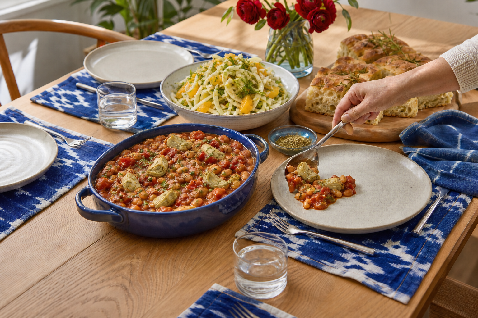 A host serves one vegan dinner of tomato, artichoke, and white-bean braise with fennel-citrus salad and focaccia.