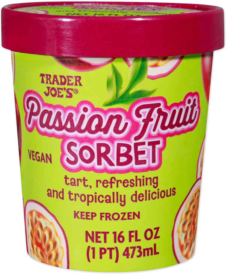 Trader Joe's Passion Fruit Sorbet container.