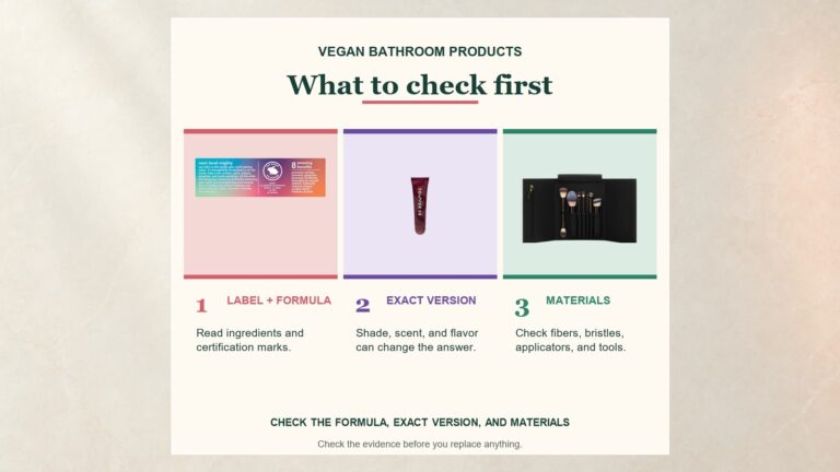 A three-part vegan bathroom product guide shows a real toothpaste label, the exact Tower 28 Ube Vanilla tube, and an Hourglass brush set for formula, version, and materials checks.
