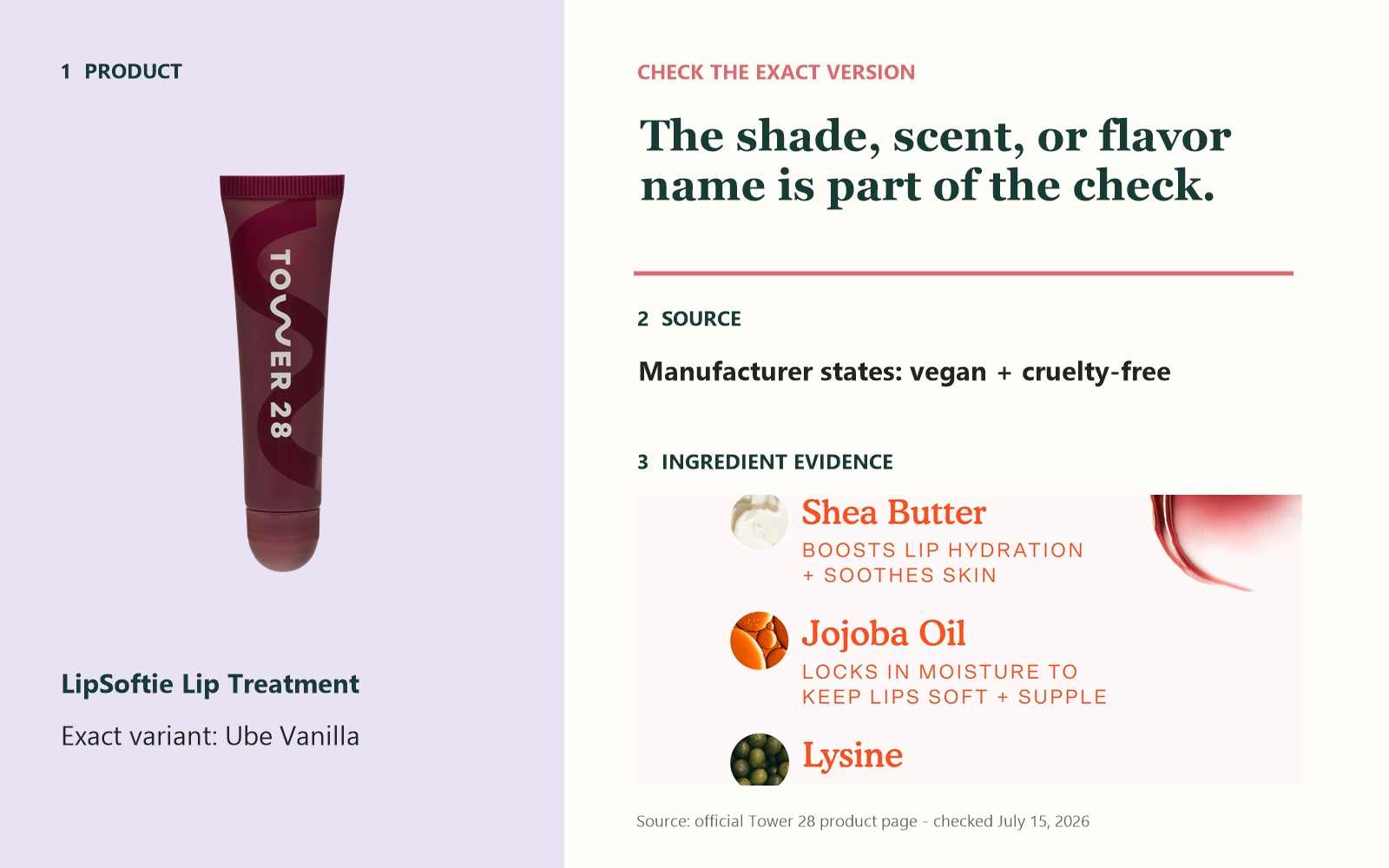 Tower 28 LipSoftie Ube Vanilla tube beside a panel identifying the exact variant, vegan status, and official ingredient evidence.