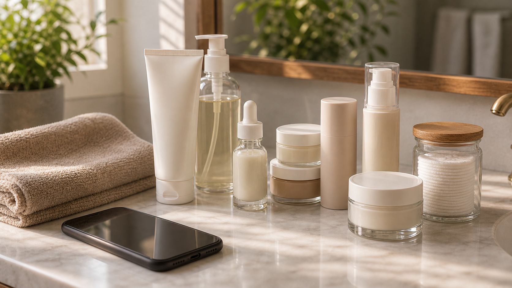 Blank unbranded beauty products arranged on a bathroom vanity with a towel and phone.