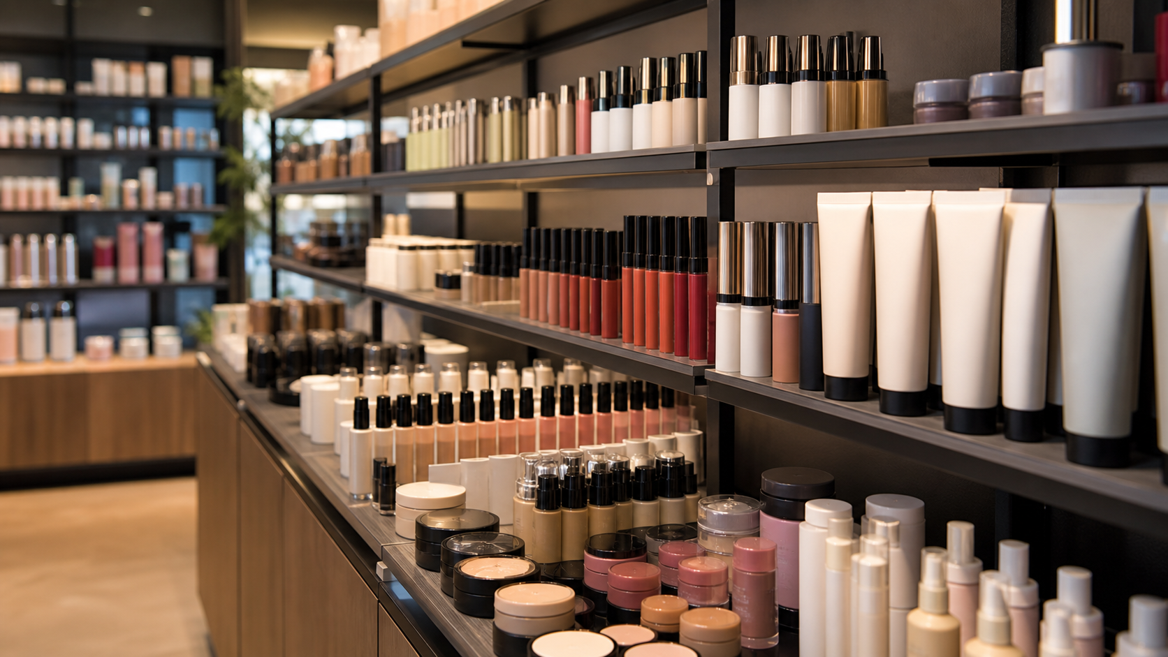 Unbranded beauty products displayed on store shelves.