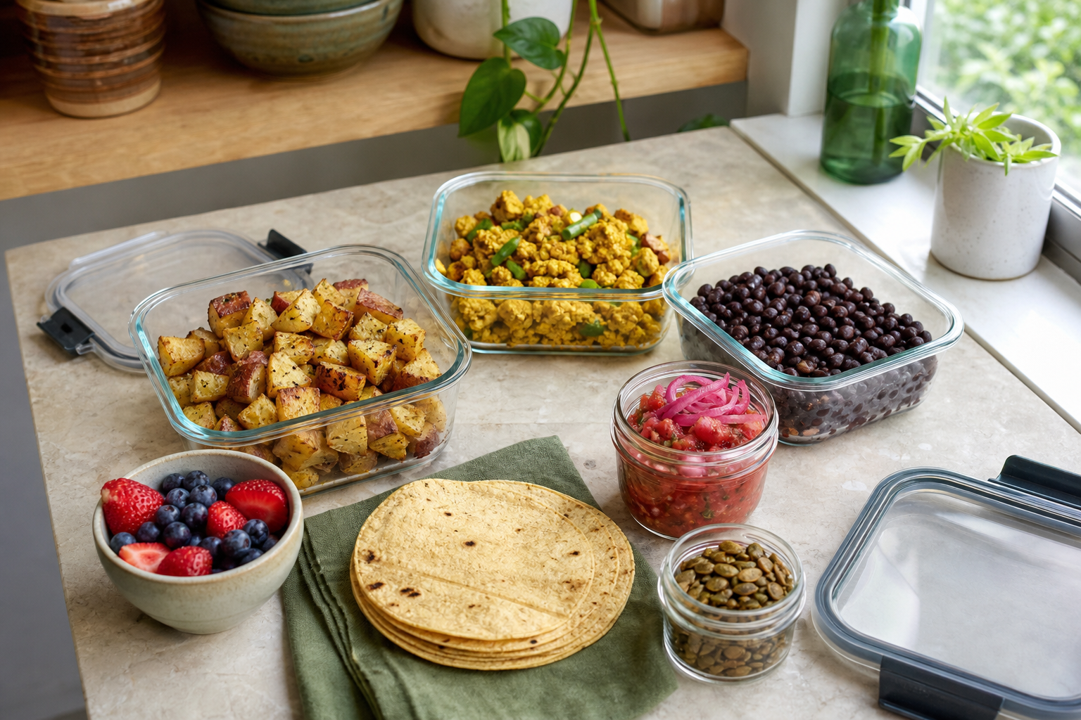 Prepared vegan breakfast components including potatoes, tofu scramble, black beans, salsa, fruit, tortillas, and seeds.