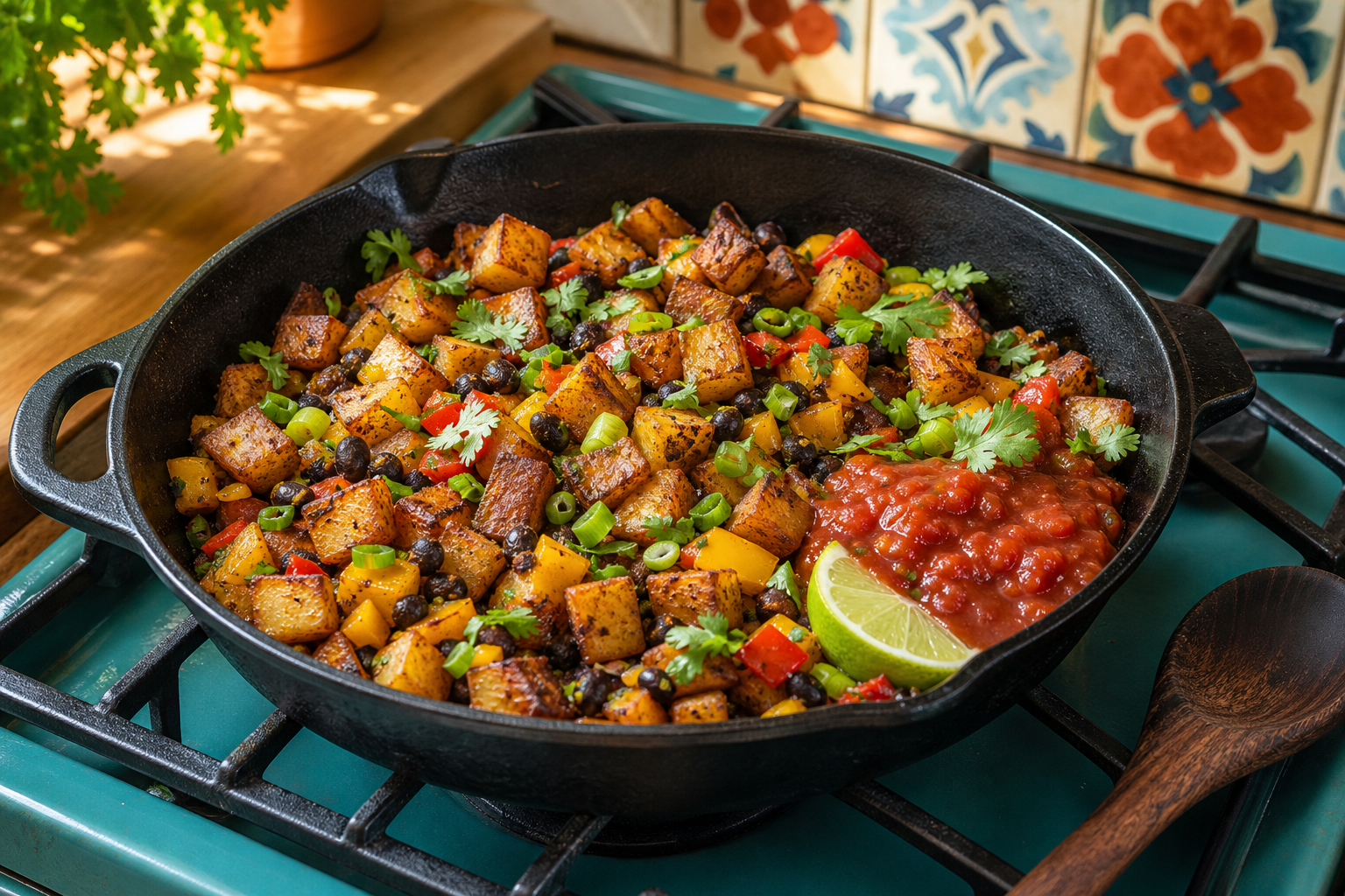Crisp breakfast potatoes with black beans, peppers, salsa, and lime.