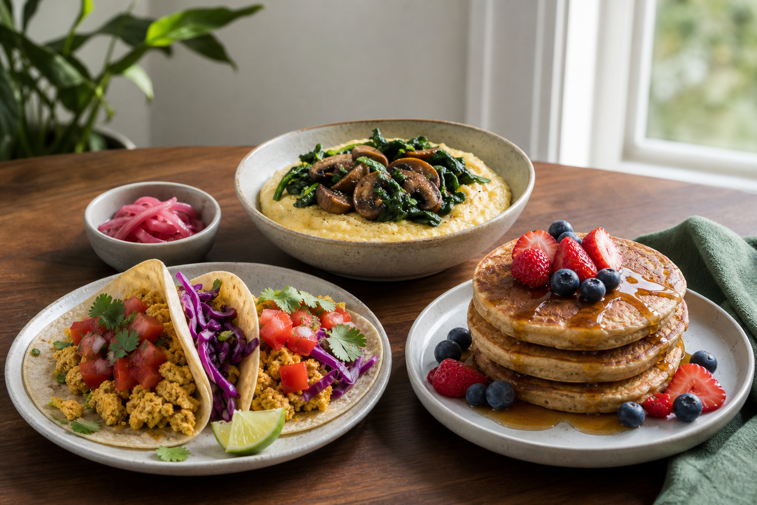 Vegan breakfast table with tofu tacos, mushroom polenta, and berry pancakes.