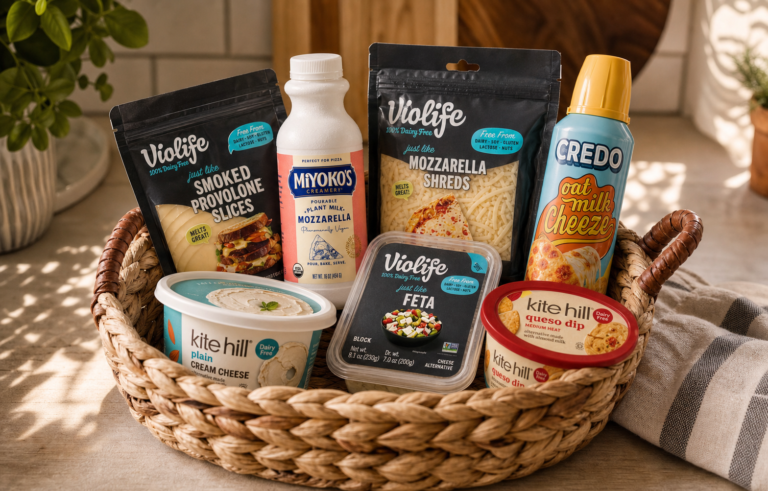 A woven basket holding recommended vegan cheese products including Violife, Miyoko's, Kite Hill, and Credo.